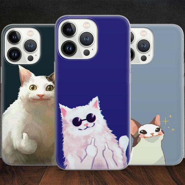Cat Meow Meme Ironic Kitty Funny Cartoon Art Pussy phone case for iPhone 14 13 Pro Max 12 11 X XS 8, fits Samsung S20, S21 Ultra Fe, Huawei
