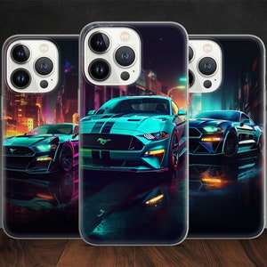 Mustang Shelby Neon Wave Muscle Car Phonk Street Art phone case for iPhone 14 13 Pro Max 12 11 X XS Xr, fits Samsung S20, S21 Ultra, Huawei