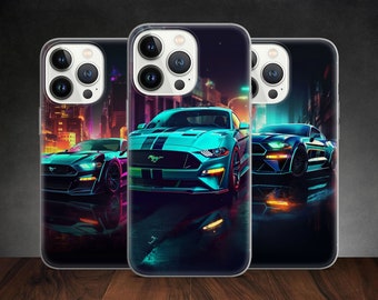 Mustang Shelby Neon Wave Muscle Car Phonk Street Art phone case for iPhone 14 13 Pro Max 12 11 X XS Xr, fits Samsung S20, S21 Ultra, Huawei