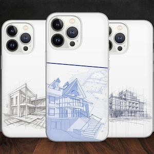 May include: Three white phone cases showcasing architectural blueprint designs. The cases feature detailed sketches of modern houses and buildings in blue and grey. The designs include stairs, windows, and rooflines, typical of architectural plans.