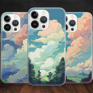 Peut inclure: Trois coques de téléphone avec un motif de ciel et de nuages colorés. Les coques sont transparentes et laissent apparaître les objectifs de l'appareil photo du téléphone.