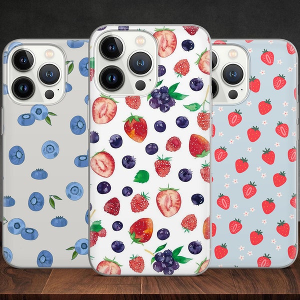 Strawerry Blueberry Berry Nature Pattern phone case for iPhone 14 13 Pro Max 12 11 X XS 8 7, fits Samsung S20 Fe, S21 Ultra, Huawei P30 Pro