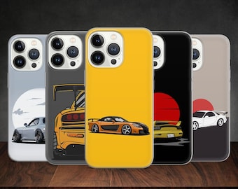 Japanese RX7 Drift JDM Classic Sports Car Art phone case for iPhone 14 13 Pro Max 12 11 X XS 8 7, fits Samsung S20 Fe, S21 Ultra, Huawei P30