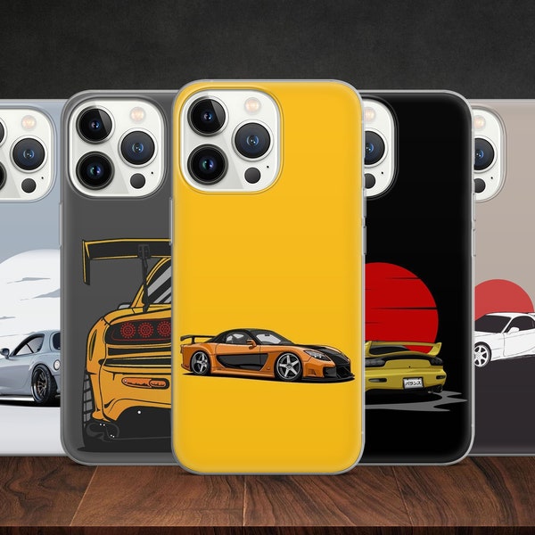 Japanese RX7 Drift JDM Classic Sports Car Art phone case for iPhone 14 13 Pro Max 12 11 X XS 8 7, fits Samsung S20 Fe, S21 Ultra, Huawei P30