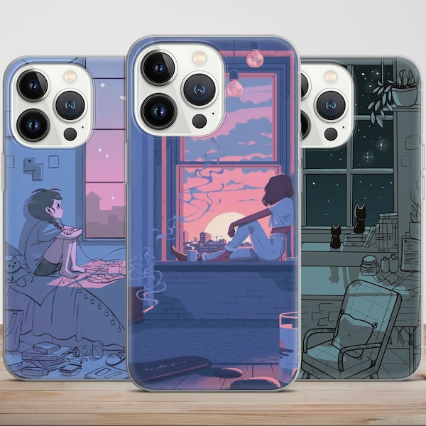 LoFi Anime Aesthetic LonelyGirl Room phone case for iPhone 14 13 Pro Max 12 11 X XS 8 7, fits Samsung S20 FE, S21 Ultra, A12, Huawei P30 Pro