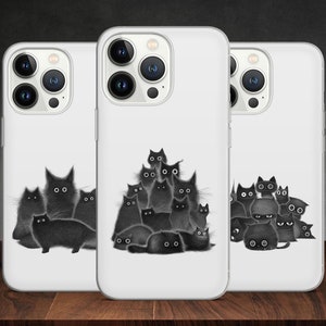 Black Cat Family grappige cartoon telefoonhoesje voor iPhone 14 13 Pro Max 12 11 X XS 8 7, past op Samsung S20 FE, S21 Ultra, A12, Huawei P30