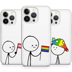May include: Three white iPhone cases with different illustrations. The first case features a stick figure holding a lesbian pride flag. The second case features a stick figure holding a rainbow pride flag. The third case features a stick figure wearing a rainbow mushroom hat.