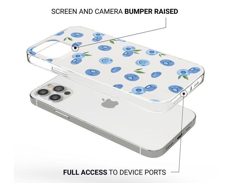Puede incluir: Una funda transparente para tel&eacute;fono con un parachoques elevado para proteger la pantalla y la c&aacute;mara. La funda tiene un fondo blanco con un patr&oacute;n de ar&aacute;ndanos azules.  "SCREEN AND CAMERA BUMPER RAISED" y "FULL ACCESS TO DEVICE PORTS" est&aacute;n escritos en la imagen.