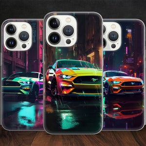 Mustang Shelby Neon Wave Muscle Car Phonk Street Art phone case for iPhone 14 13 Pro Max 12 11 X XS Xr, fits Samsung S20, S21 Ultra, Huawei