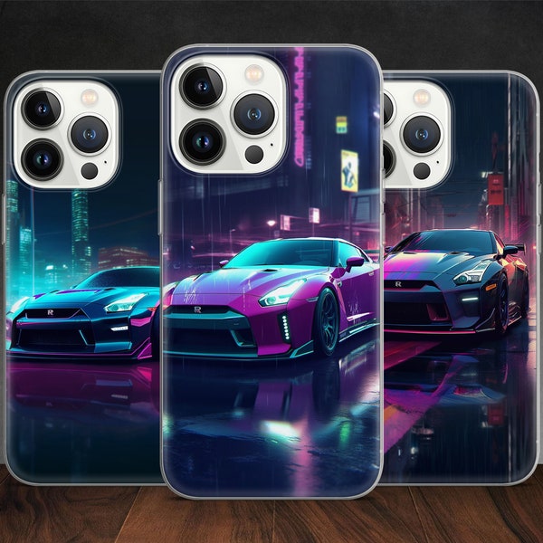 GT-R R35 Skyline Neon Wave Car Phonk Street Art phone case for iPhone 14 13 Pro Max 12 11 X XS Xr 8 7, fits Samsung S20, S21 Ultra FE, Huawe