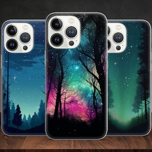 Surreal Night sky Milky way Lights Nebula Forrest phone case for iPhone 14 13 Pro Max 12 11 X XS 8 7, fits Samsung S20 FE, S21 Ultra, Huawei