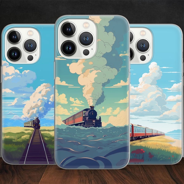 Lo-fi Train Miyazaki Inspired Anime Japan Ocean Cloud phone case for iPhone 14 13 Pro Max 12 11 X XS, fits Samsung S20 FE, S21 Ultra, Huawei