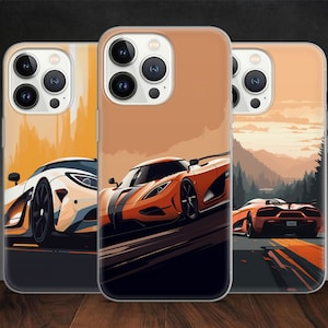 May include: Three phone cases with different designs featuring sports cars. The first case has a white sports car on a yellow and orange background. The second case has an orange sports car on a brown and orange background. The third case has a red sports car on a blue and orange background.
