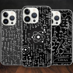 May include: Three black phone cases with white scientific formulas and diagrams. The cases feature equations, chemical structures, and atomic models. The cases are designed to fit a smartphone.