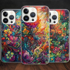 May include: Three phone cases with vibrant floral designs. The cases feature a clear border and a colorful array of flowers in shades of pink, orange, yellow, blue, and green. The artistic floral patterns cover the entire back of the cases.