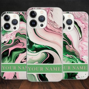 Personalized Phone Case Marble Texture Green Pink for iPhone 15 14 13 Pro Max 12 11 X XS 8, fits Samsung S20 FE, S22 Ultra, A12, A54, Pixel