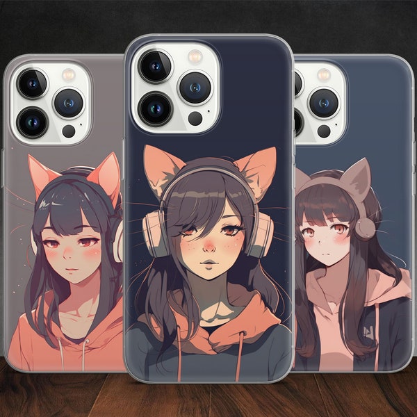 Lo-fi Anime Nekomusume Cat Girl Kawaii Manga Sad Vibe Coque pour iPhone 14 13 Pro Max 12 11 X XS 8 7, compatible avec Samsung S20 FE Ultra, Huawei