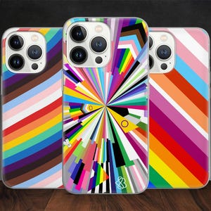 May include: Three iPhone cases with different designs featuring colourful stripes and geometric patterns inspired by the Pride flag.