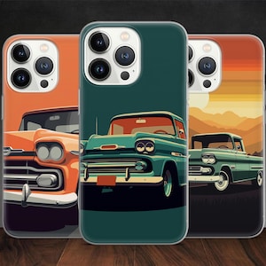 May include: Three phone cases with vintage car illustrations. The cases feature classic car designs in orange, teal, and green, with a sunset and mountain backdrop on one case. The cases are designed for a smartphone.