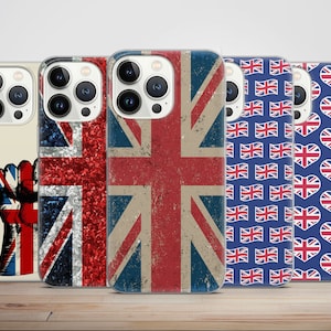 May include: A collection of five phone cases featuring designs inspired by the Union Jack, the flag of the United Kingdom. The cases display the flag in various styles, including a distressed look, a pattern of waving flags, and a heart-shaped pattern.