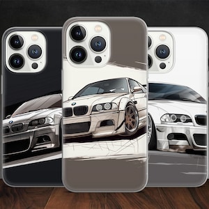 May include: Three iPhone cases with different designs featuring a white BMW M3. The cases are all clear and show the phone's camera lenses.