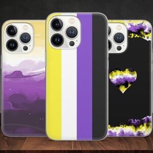 May include: Three iPhone cases with different designs featuring the colors yellow, white, purple, and black. The first case has a watercolor-style design with purple and yellow clouds. The second case has a vertical stripe design with yellow, white, and purple stripes. The third case has a black background with a purple, yellow, and black heart in the center.