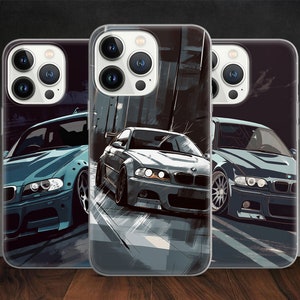 May include: Three clear phone cases featuring a design of a blue and a silver car on a city street. The cars are BMWs.