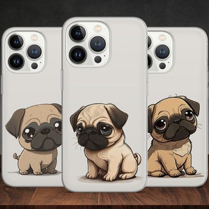 May include: Three clear phone cases with a white background and a cartoon pug illustration on each. The pugs are brown and tan with big eyes and are in different poses.