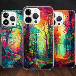 May include: Three phone cases with vibrant forest art. The cases feature a colorful, impressionistic painting of a forest scene with trees, paths, and a variety of colors including red, orange, yellow, and blue. The cases are clear with a glossy finish.