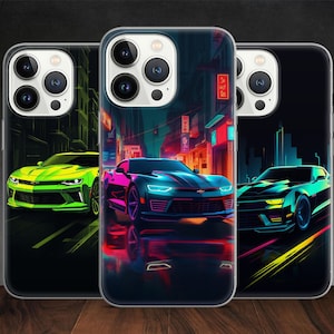 Chevy Camaro Neon Wave Muscle Car Phonk Street Art phone case for iPhone 14 13 Pro Max 12 11 X XS Xr 8, fits Samsung S20, S21 Ultra, Huawei