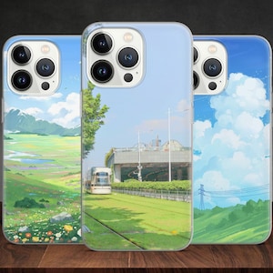 May include: Three clear phone cases with different designs. The first case has a green field with flowers and a blue river. The second case has a train track with a train and a blue sky. The third case has a blue sky with white clouds and a green field.