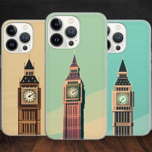 May include: Three phone cases featuring illustrations of the Elizabeth Tower, commonly known as Big Ben. Each case has a different color scheme, with the tower depicted in shades of brown, pink, and black, set against backgrounds of beige, green, and teal.