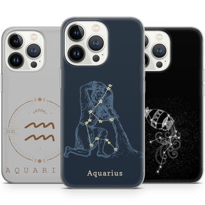 May include: Three phone cases with different designs featuring the zodiac sign Aquarius. The first case is grey with a brown Aquarius symbol and the text "Aquarius" in brown. The second case is blue with a brown Aquarius constellation and the text "Aquarius" in brown. The third case is black with a white Aquarius constellation.