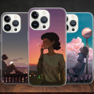 May include: Three phone cases with different designs. The first case features a sunset scene with a woman smoking a cigarette. The second case features a woman with a cloud background. The third case features a woman with a blue sky and clouds background. The text "Grown Up" is visible on the third case.