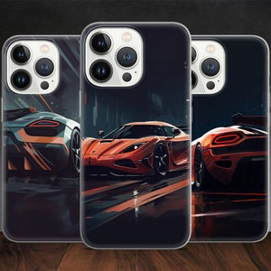 May include: Three phone cases with different images of sports cars. The first case features a blue and orange sports car, the second case features a red and orange sports car, and the third case features a black and orange sports car.