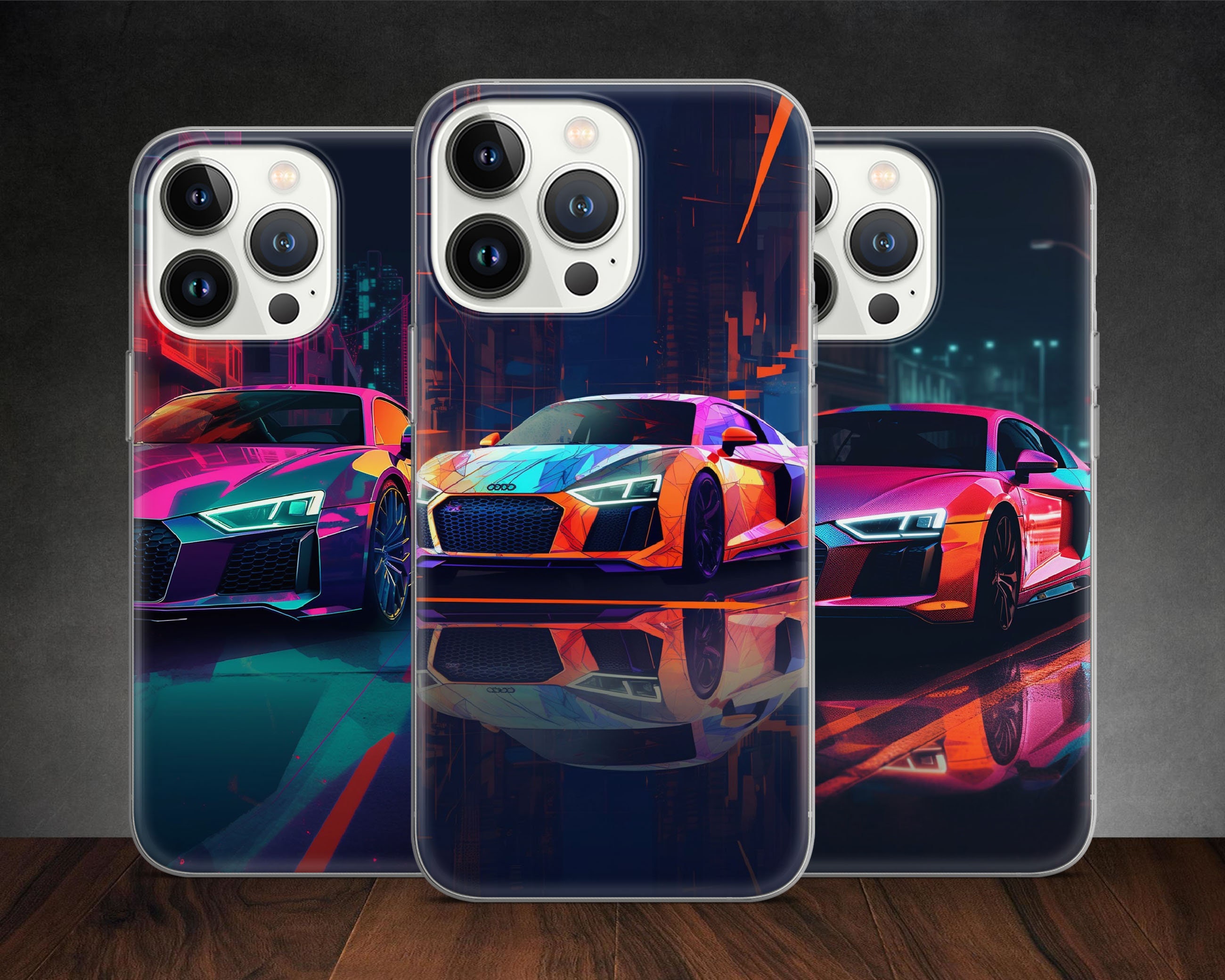 German R8 Roadster Sports Car Neonwave phone case for iPhone 15 14 13 Pro Max 12 11 X Xs Xr SE 8, fits Samsung S20 FE, S21 Ultra, Pixel 7A 8
