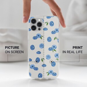 Puede incluir: Una funda transparente para tel&eacute;fono con fondo blanco y un patr&oacute;n de ar&aacute;ndanos azules. La funda se muestra sobre una superficie blanca. El texto "PICTURE ON SCREEN" y "PRINT IN REAL LIFE" se muestra a ambos lados de la funda. El texto "COLORS MAY LOOK SLIGHTLY DIFFERENT" se muestra debajo de la funda.