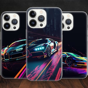 May include: Three phone cases with a black background and a colorful sports car design. The cases are clear and show the phone's camera lenses.