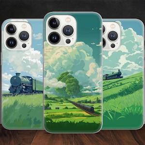 Funda para teléfono con diseño de tren de baja fidelidad inspirado en Ghibli, anime japonés, campo y nubes, para iPhone 14, 13 Pro Max, 12, 11, X, XS, compatible con Samsung S20 FE, S21 Ultra, Huawei
