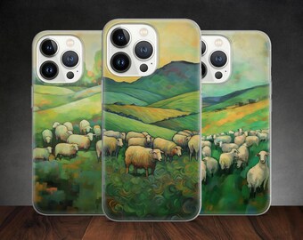 Van Gogh Sheep Green Field Sun Impressionism Art phone case for iPhone 14 13 Pro Max 12 11 X XS, fits Samsung S20, S21 Ultra, A12, Pixel 7A