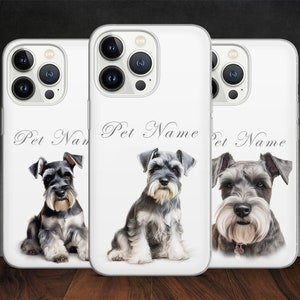 Könnte beinhalten: Drei weiße iPhone-Hüllen mit einer Illustration eines schwarzen und grauen Zwergschnauzers auf jeder. Der Text "Pet Name" ist auf jeder Hülle aufgedruckt.