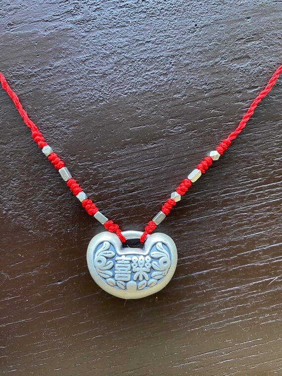 Chinese Red String Necklace With Silver Pendant Traditional