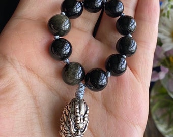 Black natural stone mini mala,Stress Relief toy, Handmade Finger Toy, natural stone beaded finger mala with dragon pendant, Finger Loop