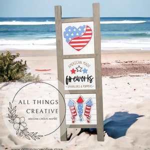 4th of July Holiday Leaning Ladder - Interchangeable Square Inserts Independence Day Home Decor -  Fourth of July Sign