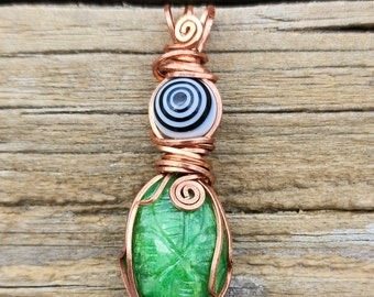 Protection Talisman - Copper-wrapped carved emerald and glass - Protect from evil eye, hexes, curses