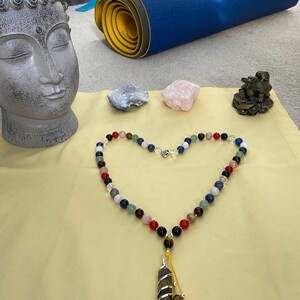 Chakra Gemstone Mala Necklace: Tiger&#39;s Eye Pendant, Healing Knotted Beads