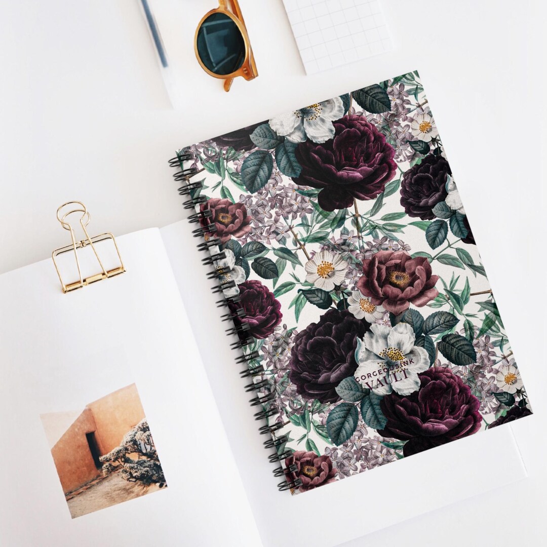 Vintage Floral Spiral Notebook | Ruled Line Journal, Burgundy Peonies ...