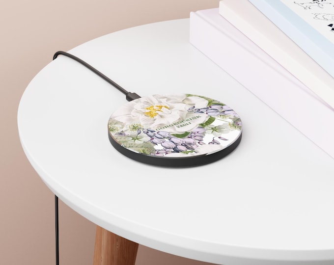 White Garden Roses floral Wireless Charger | botanical phone charging pad
