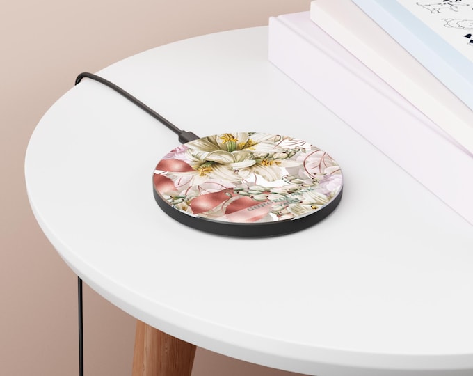 White Lily Floral Wireless Charger | Botanical Phone Charging Pad