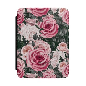Vintage leren hoes met bloemenprint, compatibel met Kindle-hoes | Hoes voor e-reader met rode rozen en pioenrozen